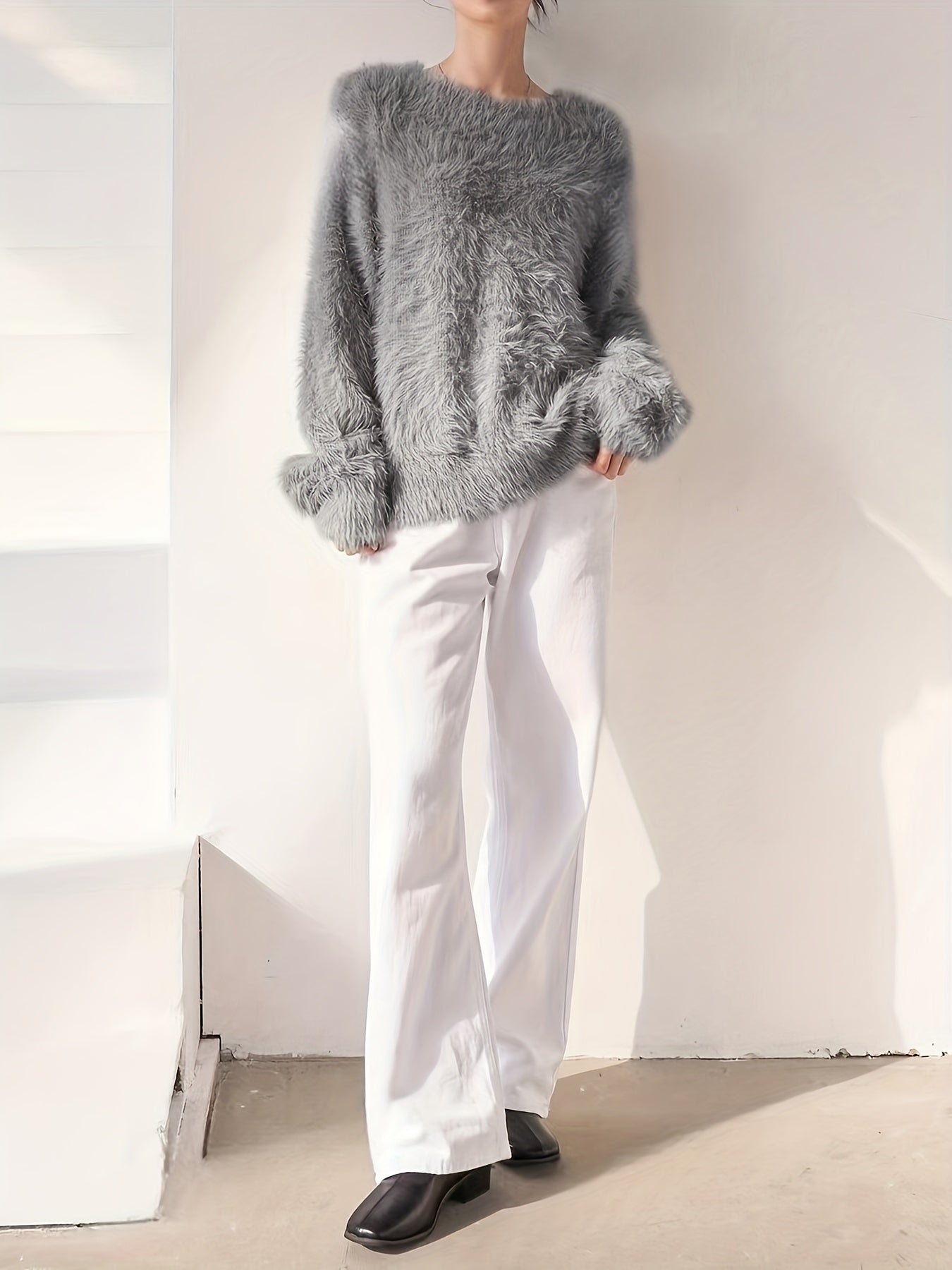 Women's Plus Size Faux Mink Long Fur Pullover Sweater, Crew Neck Polyester Knit, Stretch, All-Season