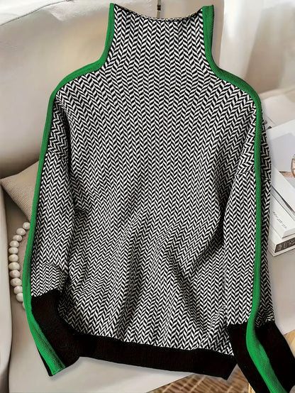 Plus Size High Neck Knit Sweater - Women's Elegant Long Sleeve Pullover for Fall Winter, Hand-Washable