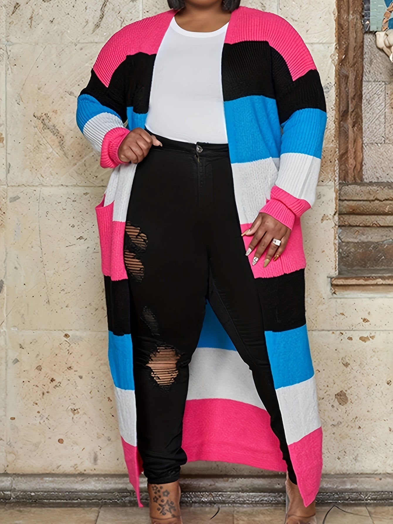 Women's Multicolor Striped Long Knit Cardigan Sweater