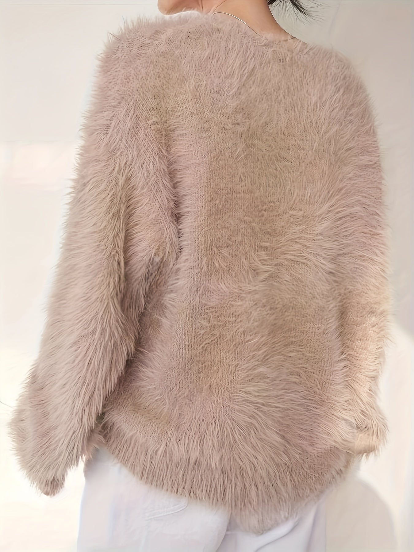 Women's Plus Size Faux Mink Long Fur Pullover Sweater, Crew Neck Polyester Knit, Stretch, All-Season