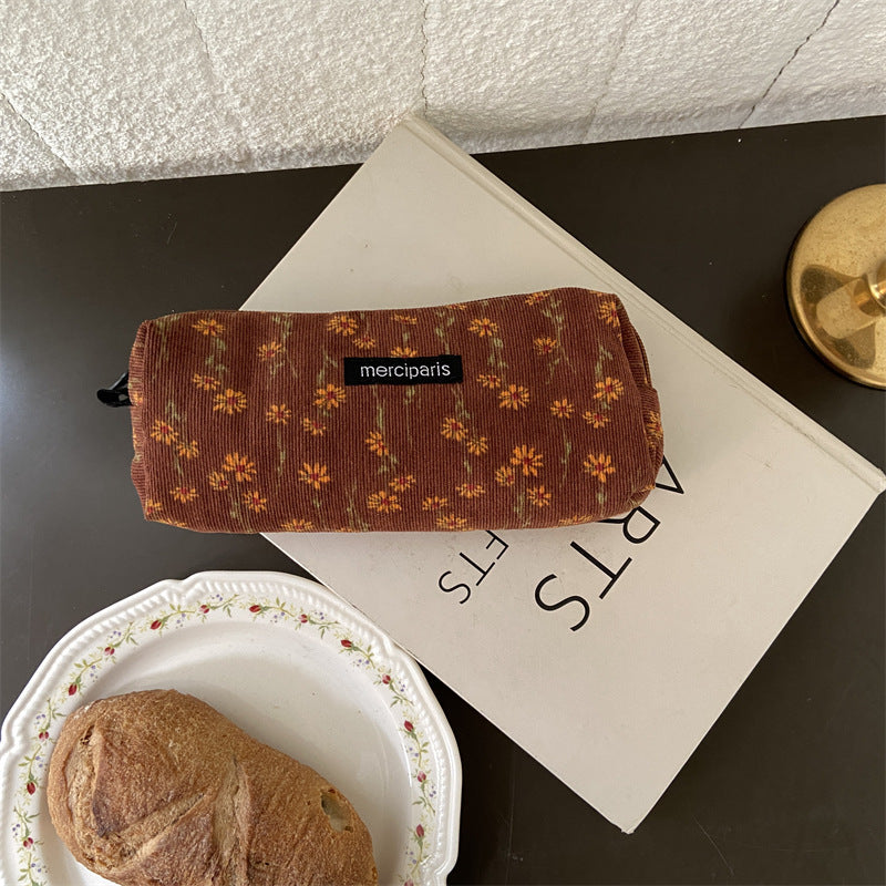 Corduroy Pencil Case Makeup Bag - Korean Style Retro Floral Canvas Pouch for Students
