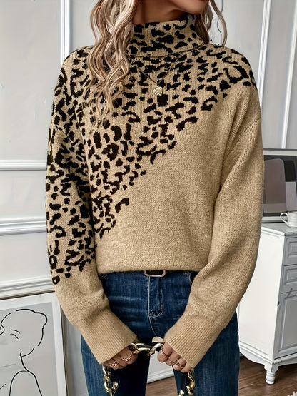 Plus Size Leopard Print Sweater - Cozy Acrylic High-Neck Pullover, Long Sleeve Oversized Knit for Fall Winter