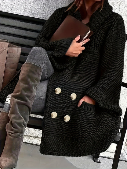 Plus Size Women's Knit Cardigan Coat – Elegant Lapel Poncho for Fall/Winter