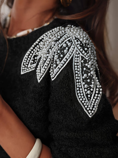 Plus Size Women's Stretch Knit Sweater with Beaded Shoulder Accents – Oversized Crewneck Pullover, Long Sleeve for Fall/Winter
