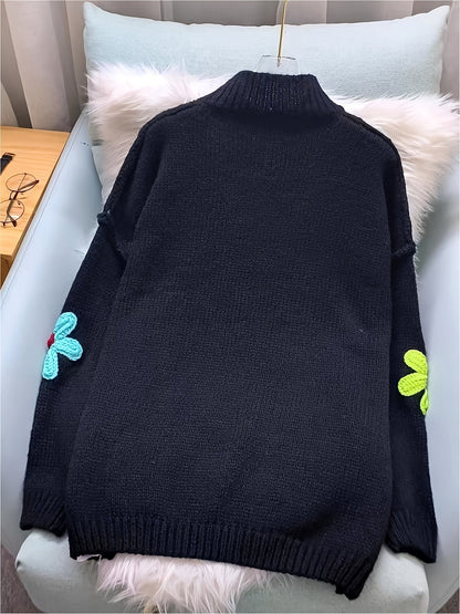 Plus Size Floral Applique Knit Sweater – Women's Long Sleeve High Neck Pullover for Fall & Winter