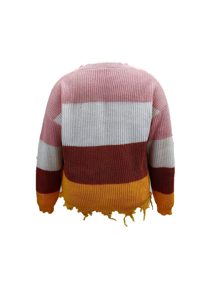 Plus Size Women's V-Neck Striped Frayed Hem Sweater, Drop Shoulder Loose Fit Pullover, All-Season Knit