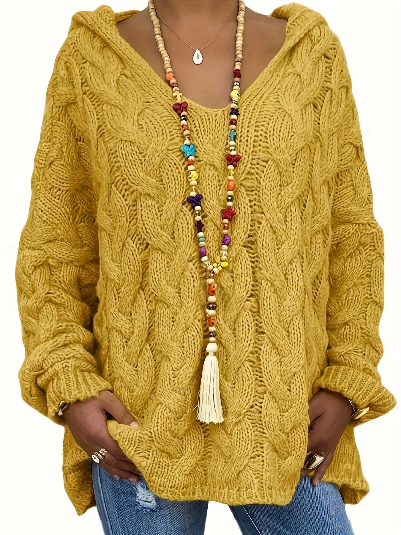 Plus Size Hooded V-Neck Knit Pullover Sweater — Long Sleeve Solid Casual Top