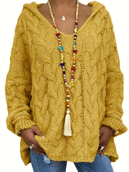 Plus Size Hooded V-Neck Knit Pullover Sweater — Long Sleeve Solid Casual Top