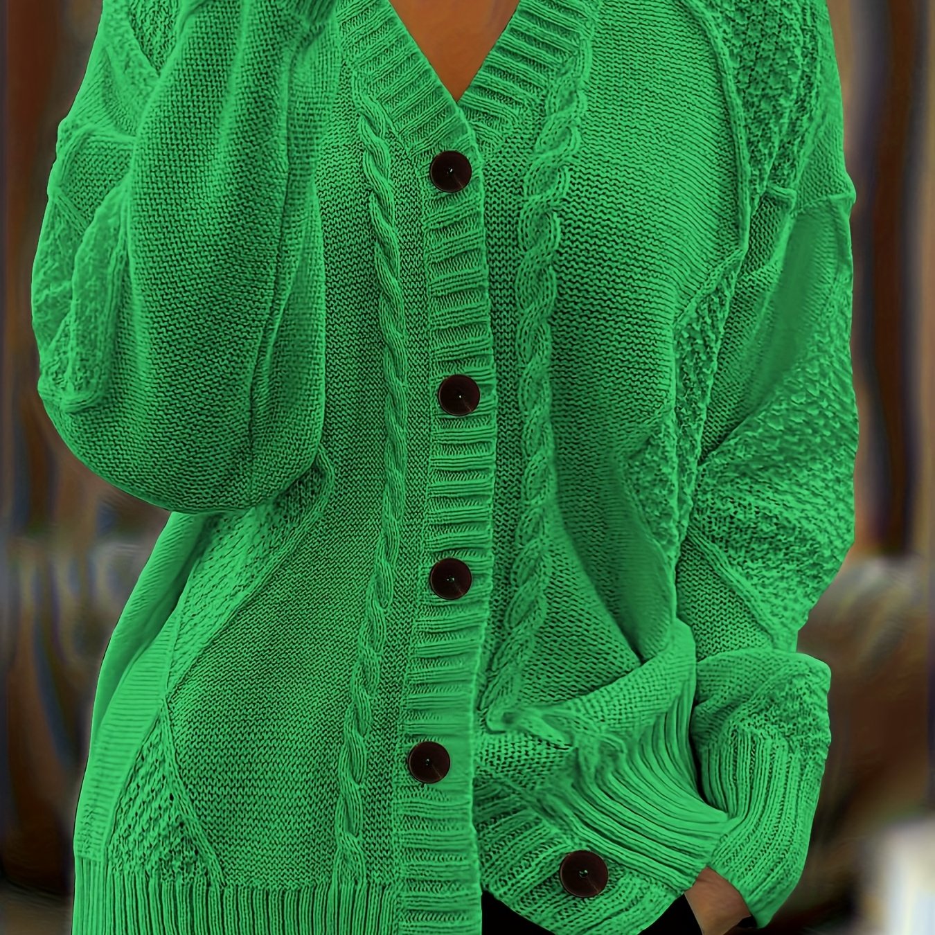 Plus Size Twist-Front Button Cardigan Sweater – V-Neck Long Sleeve Casual Knit