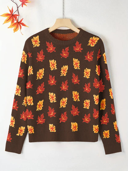 Plus Size Women's Round Neck Pullover Sweater – Falling Leaves Floral Knit, 1XL–4XL (Autumn/Winter)