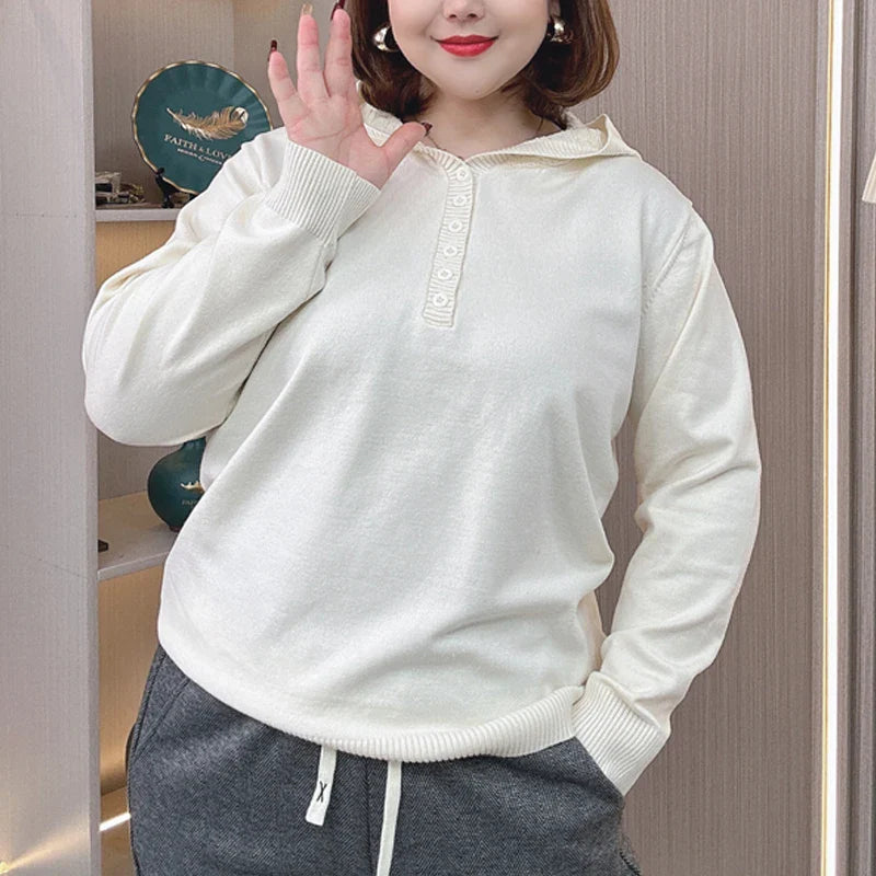 Plus Size Hooded Knit Pullover Sweater – Embossed Crochet Loose Fit for Spring & Autumn