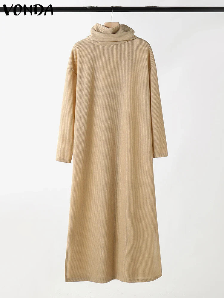 Women's Turtleneck Calf-Length Sweater Dress - Split Hem Patchwork Knit, Long Sleeve Casual Pullover, Plus Size to 5XL