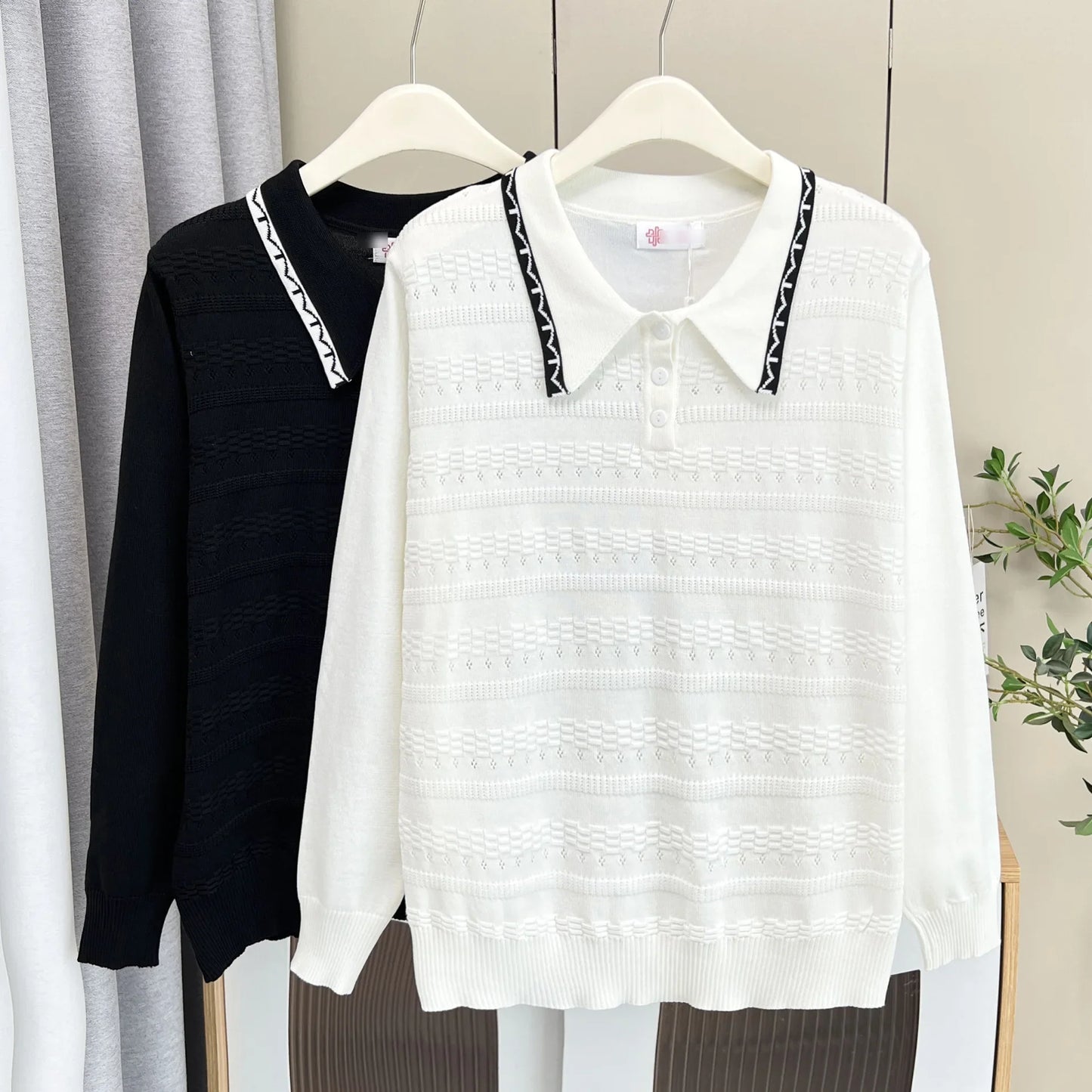 Plus Size Women's Polo Collar Knit Sweater with Hollow-Out Patchwork - Casual Pullover for Spring/Autumn