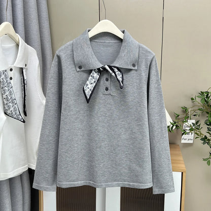 Plus Size Women's Knitted Sweater Jumper XXXL Lace-Up Lapel with Silk-Scarf Detail Autumn Casual
