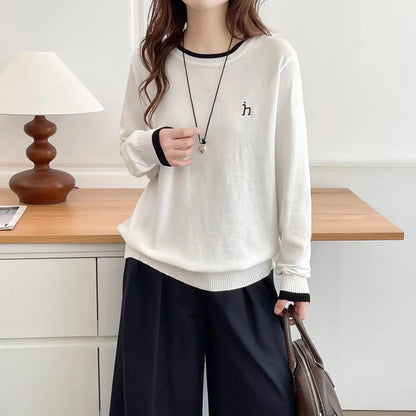 Plus Size Women's Color Block Embroidered Knit Sweater - Classic Retro Autumn Jumper