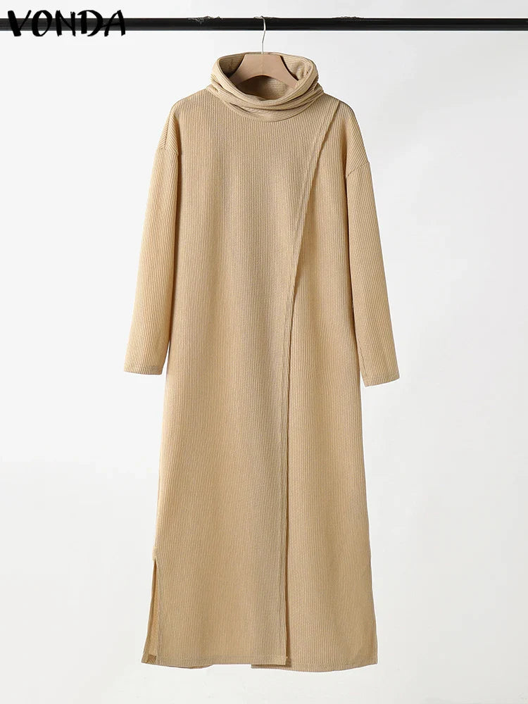 Autumn Women's Long Turtleneck Pullover Sweater Split Patchwork Longline Jumper Plus Size to 5XL