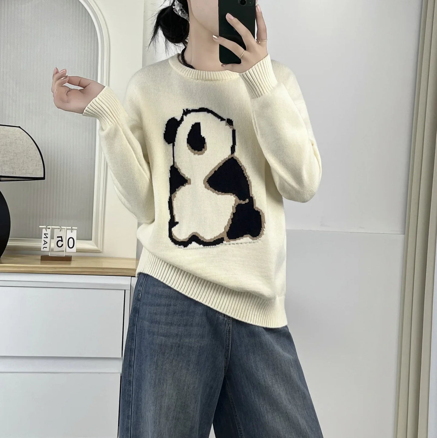 Plus Size Women's Panda Jacquard Knit Sweater – Autumn/Winter Casual Soft Jumper