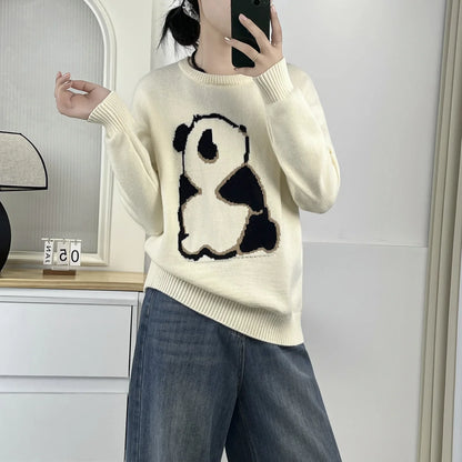 Plus Size Women's Panda Jacquard Knit Sweater – Autumn/Winter Casual Soft Jumper