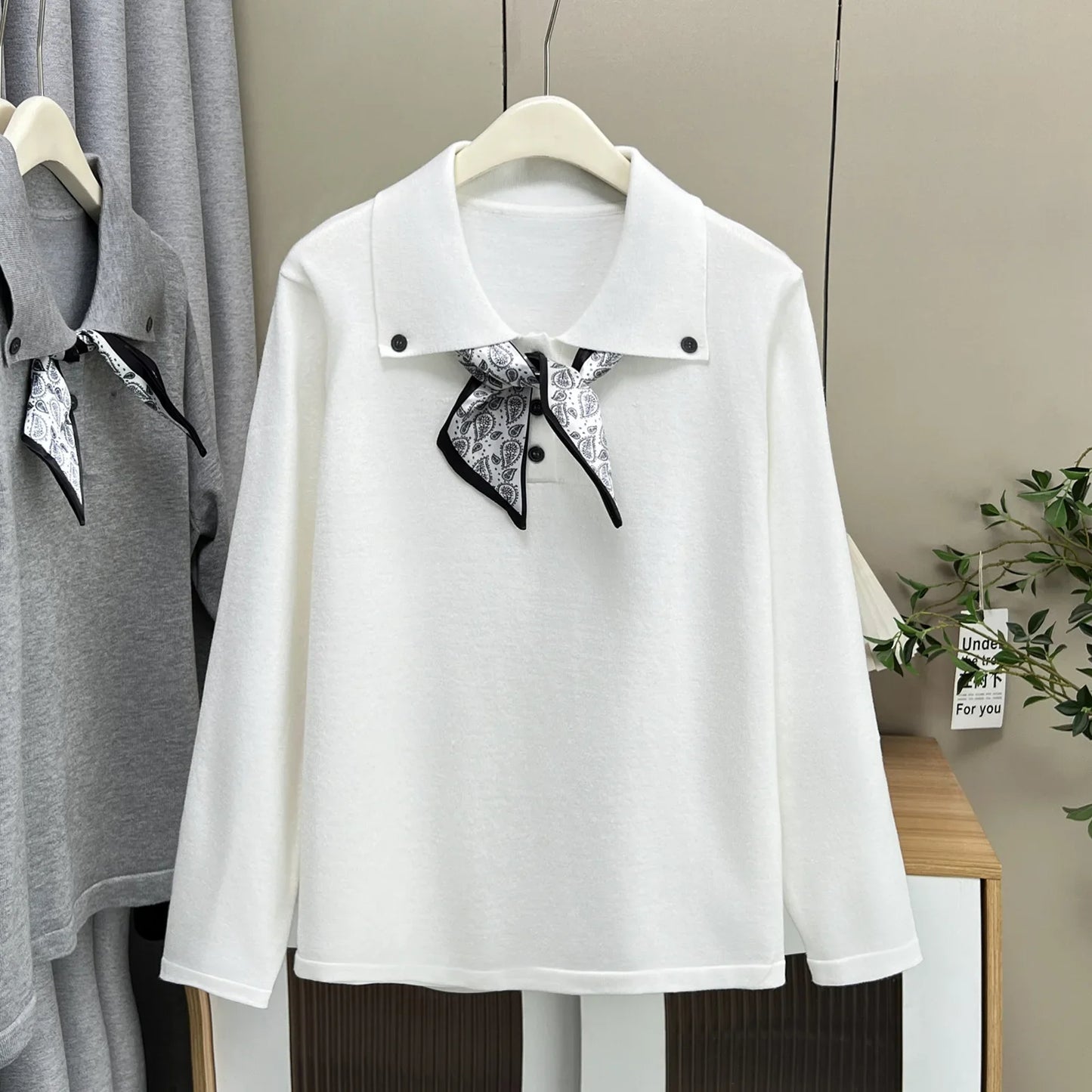 Plus Size Women's Knitted Sweater Jumper XXXL Lace-Up Lapel with Silk-Scarf Detail Autumn Casual