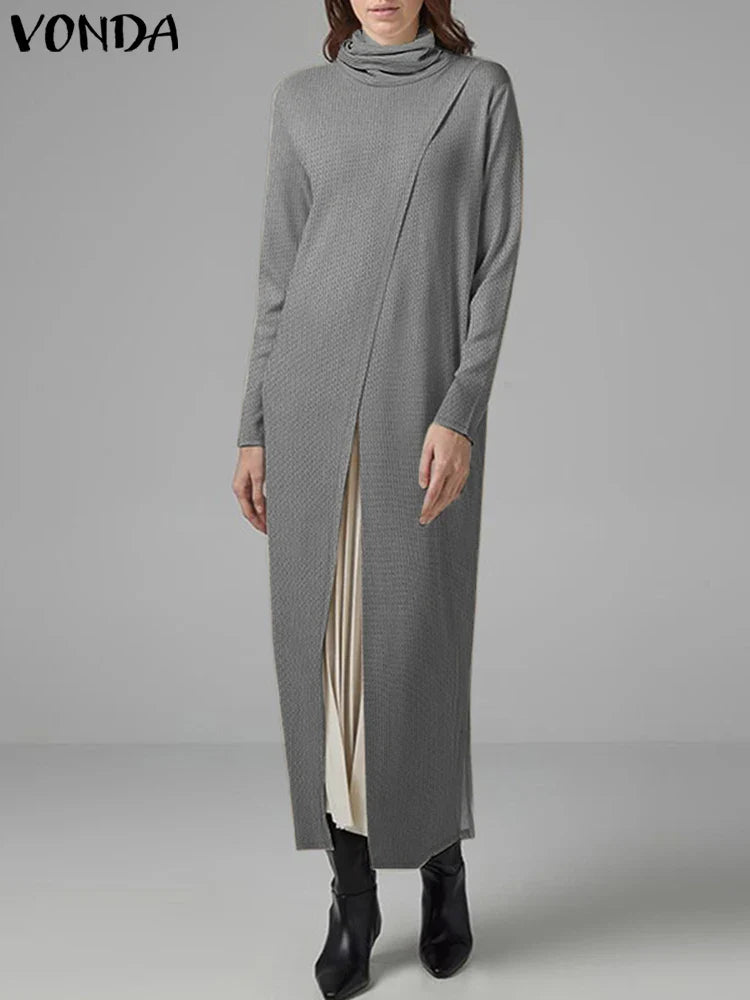 Plus Size Turtleneck Long Pullover Sweater – Split Hem Patchwork Long Sleeve (Up to 5XL)