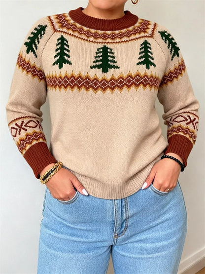 Plus Size Women's Crew Neck Pullover Sweater - Loose Knit Autumn Winter Christmas Top