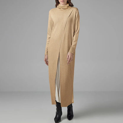 Women's Turtleneck Calf-Length Sweater Dress - Split Hem Patchwork Knit, Long Sleeve Casual Pullover, Plus Size to 5XL