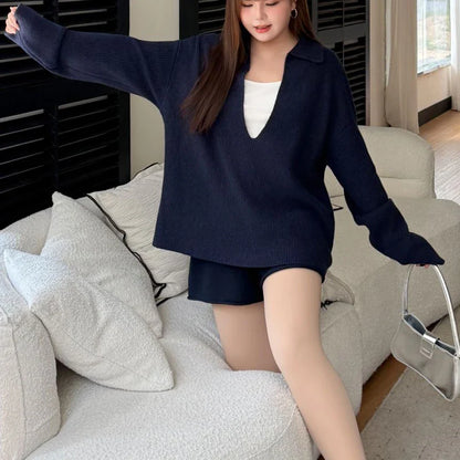 Plus Size Women's V-Neck Knit Sweater - Loose Long Sleeve Warm Autumn Winter Jumper