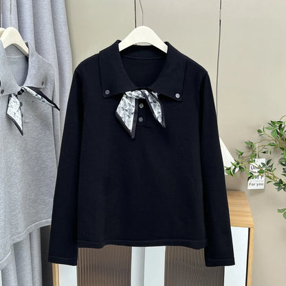 Plus Size Women's Knitted Sweater Jumper XXXL Lace-Up Lapel with Silk-Scarf Detail Autumn Casual