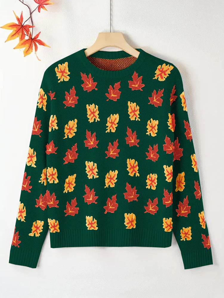 Plus Size Women's Round Neck Pullover Sweater – Falling Leaves Floral Knit, 1XL–4XL (Autumn/Winter)