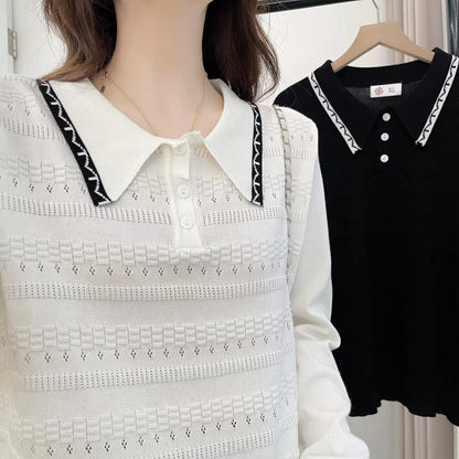 Plus Size Women's Polo Collar Knit Sweater with Hollow-Out Patchwork - Casual Pullover for Spring/Autumn