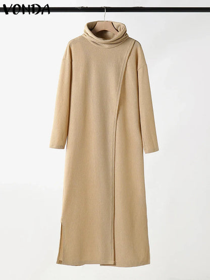 Women's Turtleneck Calf-Length Sweater Dress - Split Hem Patchwork Knit, Long Sleeve Casual Pullover, Plus Size to 5XL