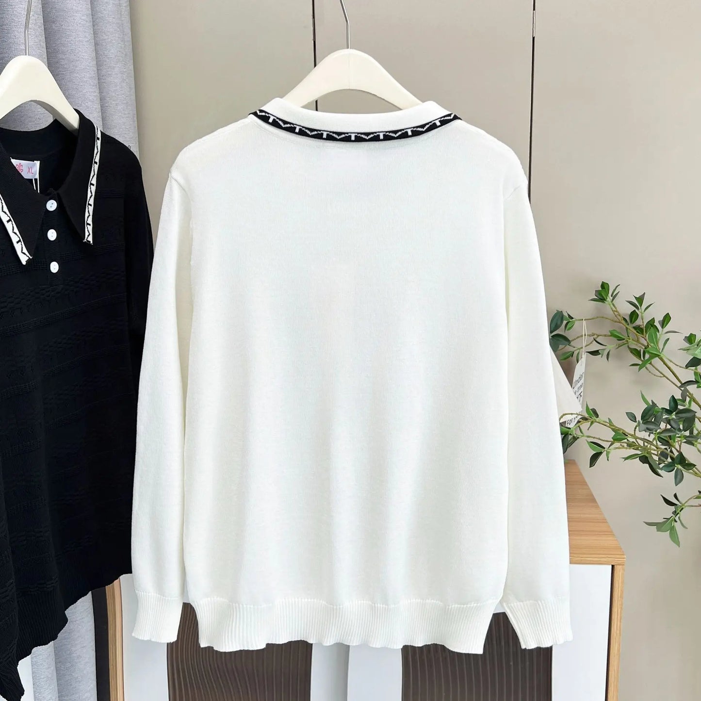 Plus Size Women's Polo Collar Knit Sweater with Hollow-Out Patchwork - Casual Pullover for Spring/Autumn