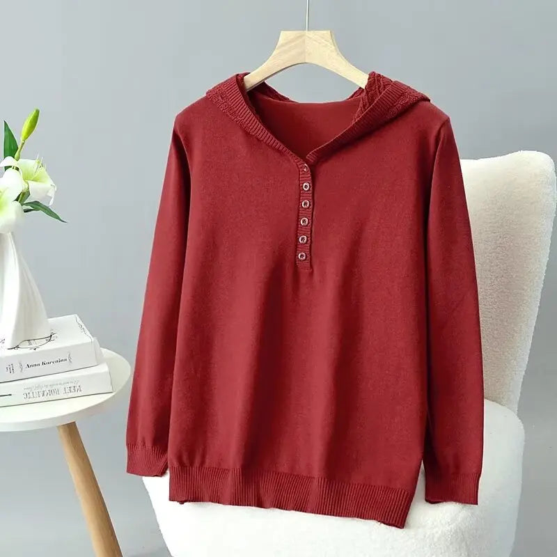 Plus Size Hooded Knit Pullover Sweater – Embossed Crochet Loose Fit for Spring & Autumn