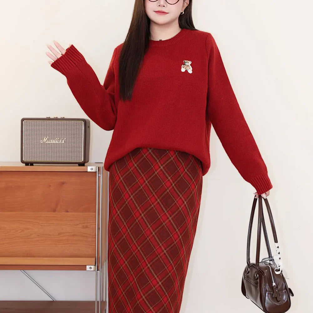 Plus Size XXXL Women's Bear Embroidered O-Neck Sweater Autumn Winter Preppy Thermal Pullover