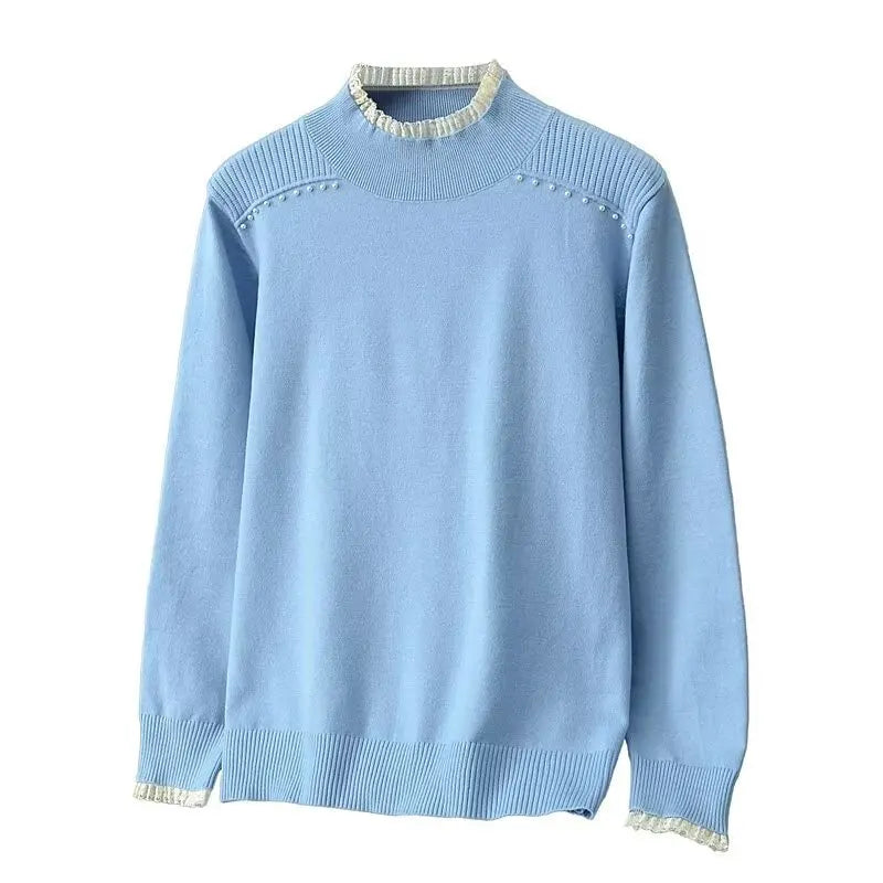 Plus Size Women's Knit Pullover (1XL-4XL) - Mock Neck Beaded Lace Shoulder Sweater for Autumn/Winter