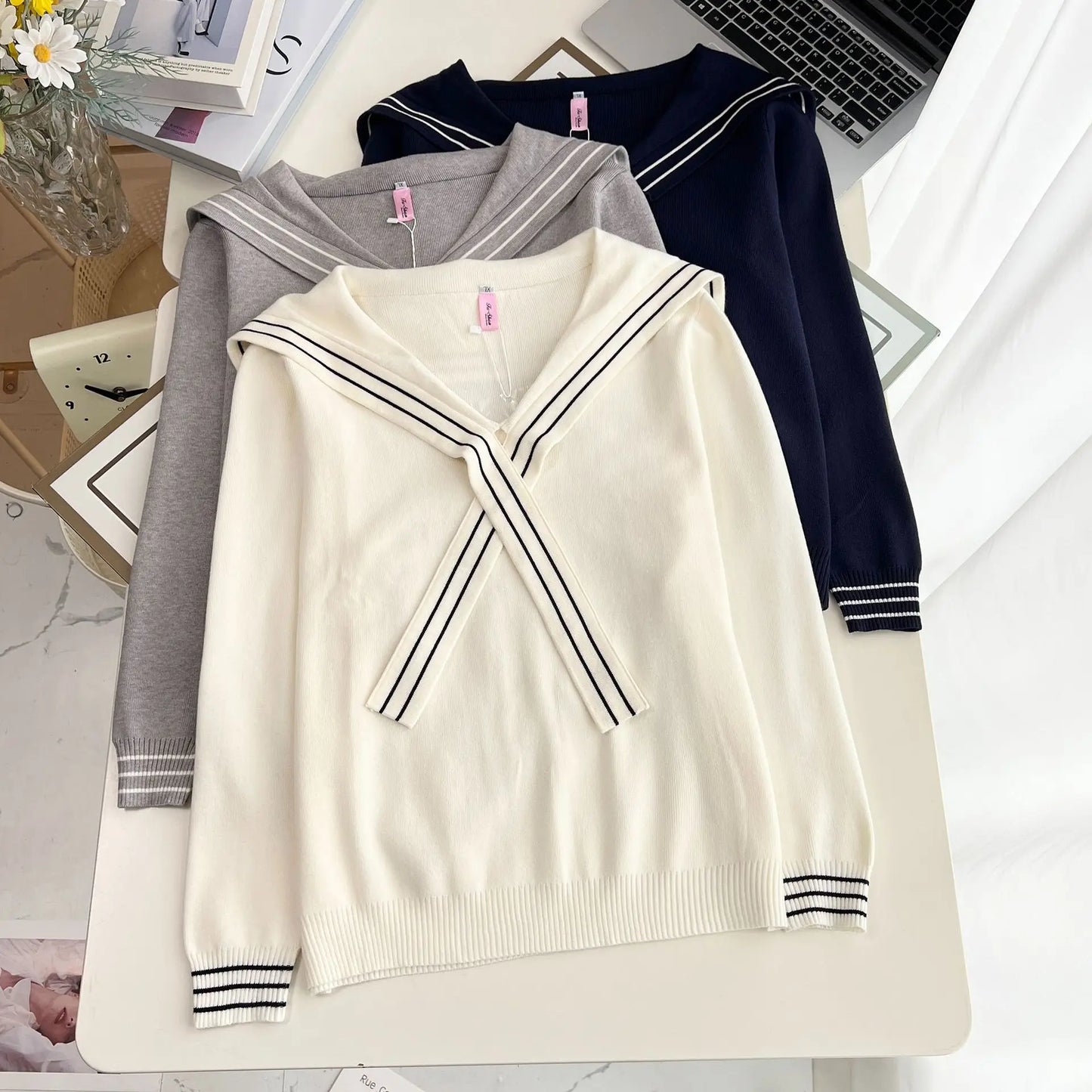Plus Size V-Neck Sailor Collar Knitted Sweater for Women — Ribbon Trim Casual Jumper Up to 4XL