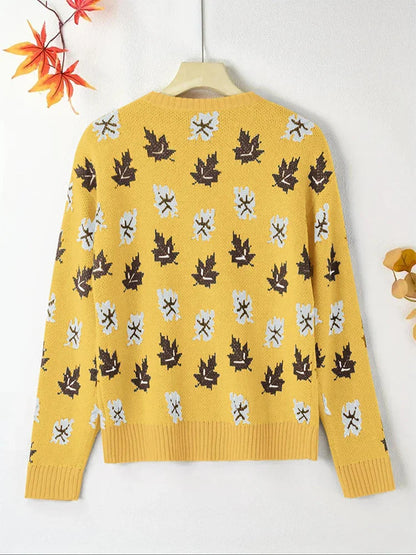 Plus Size Women's Round Neck Pullover Sweater – Falling Leaves Floral Knit, 1XL–4XL (Autumn/Winter)