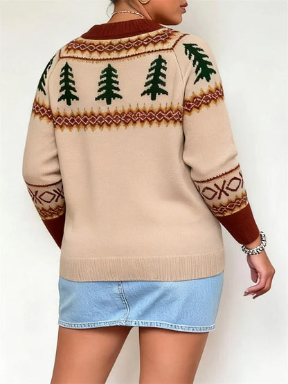 Plus Size Women's Crew Neck Pullover Sweater - Loose Knit Autumn Winter Christmas Top