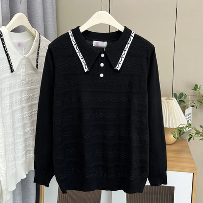 Plus Size Women's Polo Collar Knit Sweater with Hollow-Out Patchwork - Casual Pullover for Spring/Autumn