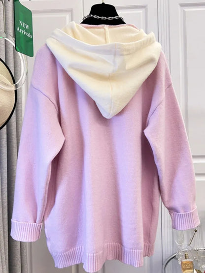 Plus Size Knitted Hooded Sweater Pullover for Women - Loose Long Sleeve Autumn/Winter