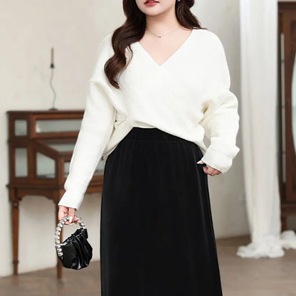 Plus Size XXXL Women's Soft Knit V-Neck Sweater - Fairy Cross Design Autumn/Winter Pullover