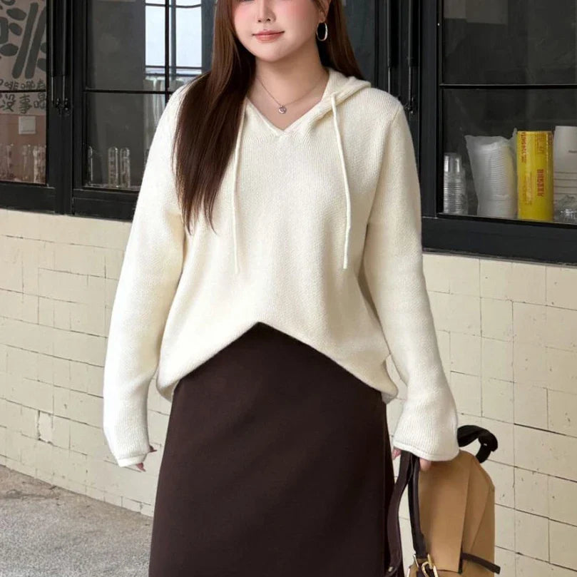 Plus Size Women's Hooded V-Neck 3D Knitted Sweater - Oversized Warm Pullover for Autumn Winter