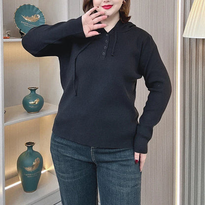 Plus Size 4XL Women’s Hooded Knit Sweater Pullover – Red Long Sleeve Casual