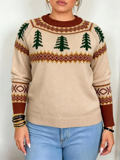 Plus Size Women's Crew Neck Pullover Sweater - Loose Knit Autumn Winter Christmas Top