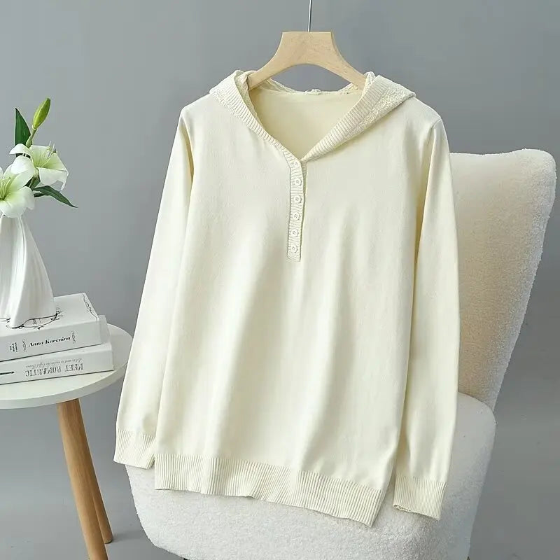 Plus Size Hooded Knit Pullover Sweater – Embossed Crochet Loose Fit for Spring & Autumn
