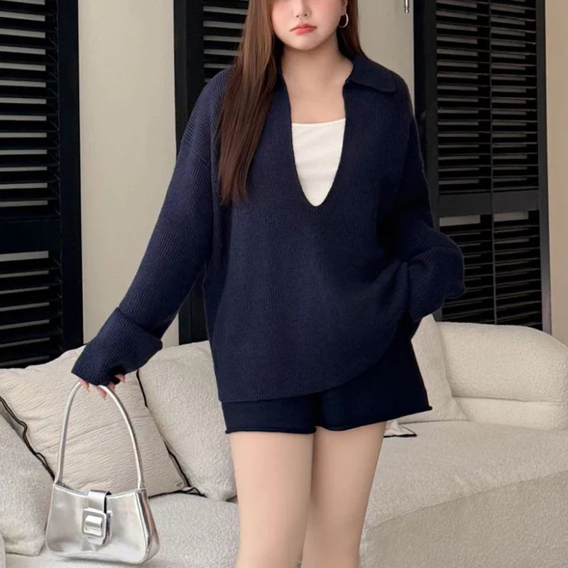 Plus Size Women's V-Neck Knit Sweater - Loose Long Sleeve Warm Autumn Winter Jumper