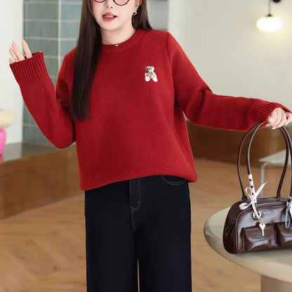 Plus Size XXXL Women's Bear Embroidered O-Neck Sweater Autumn Winter Preppy Thermal Pullover