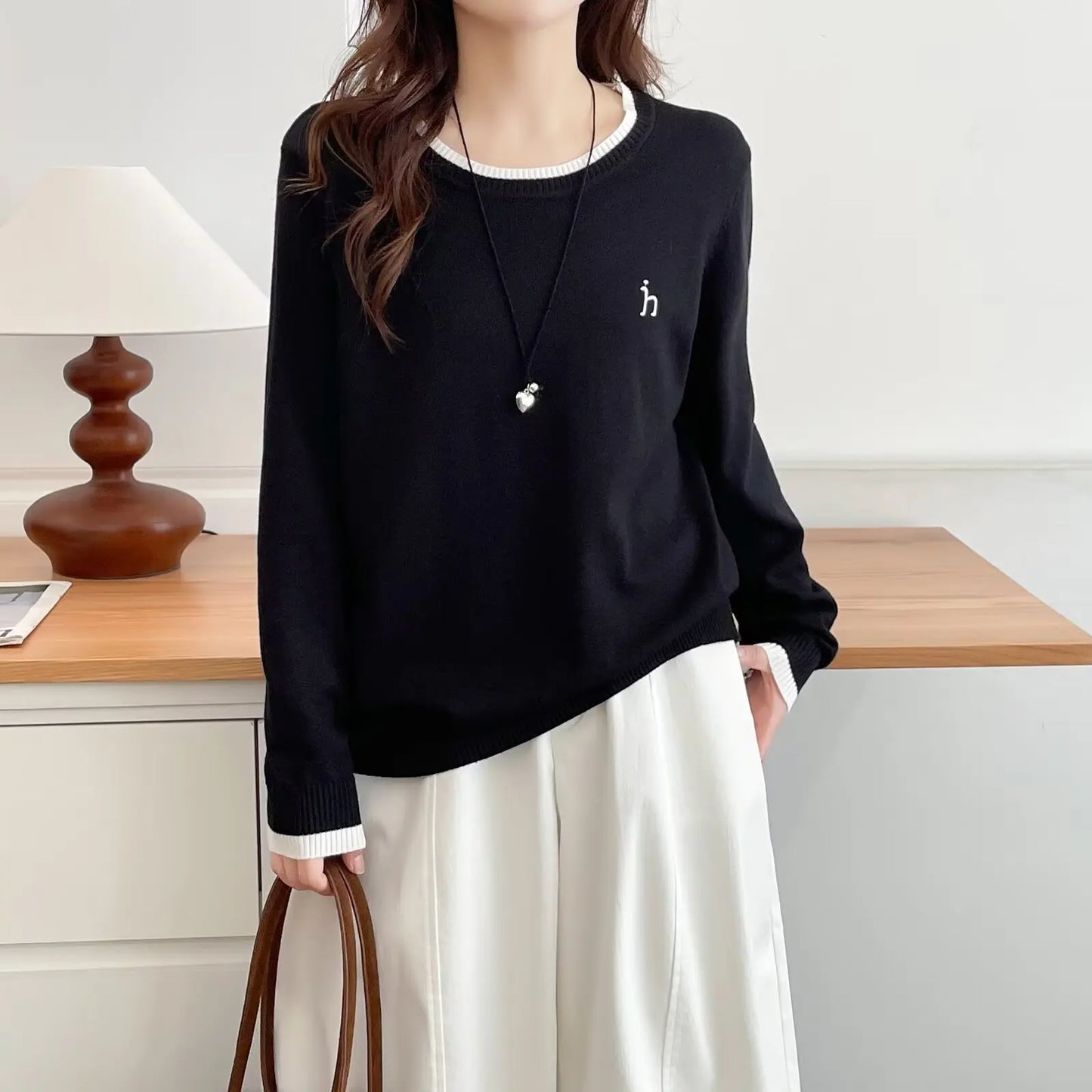 Plus Size Women's Color Block Embroidered Knit Sweater - Classic Retro Autumn Jumper