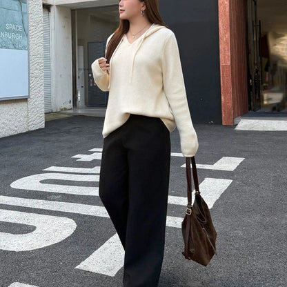 Plus Size Women's Hooded V-Neck 3D Knitted Sweater - Oversized Warm Pullover for Autumn Winter