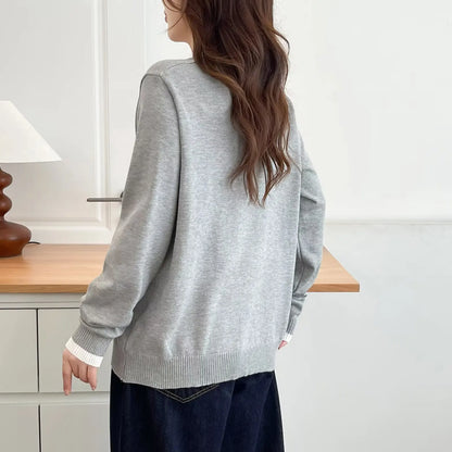 Plus Size Women's Color Block Embroidered Knit Sweater - Classic Retro Autumn Jumper